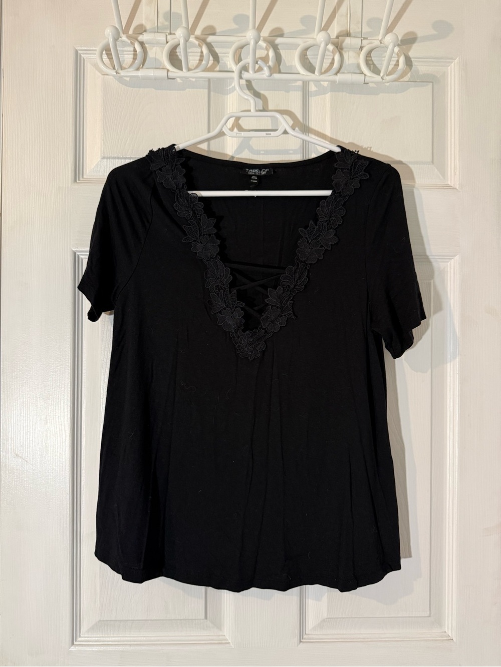 Topshop Black V-Neck Short Sleeve Top with Floral Trim